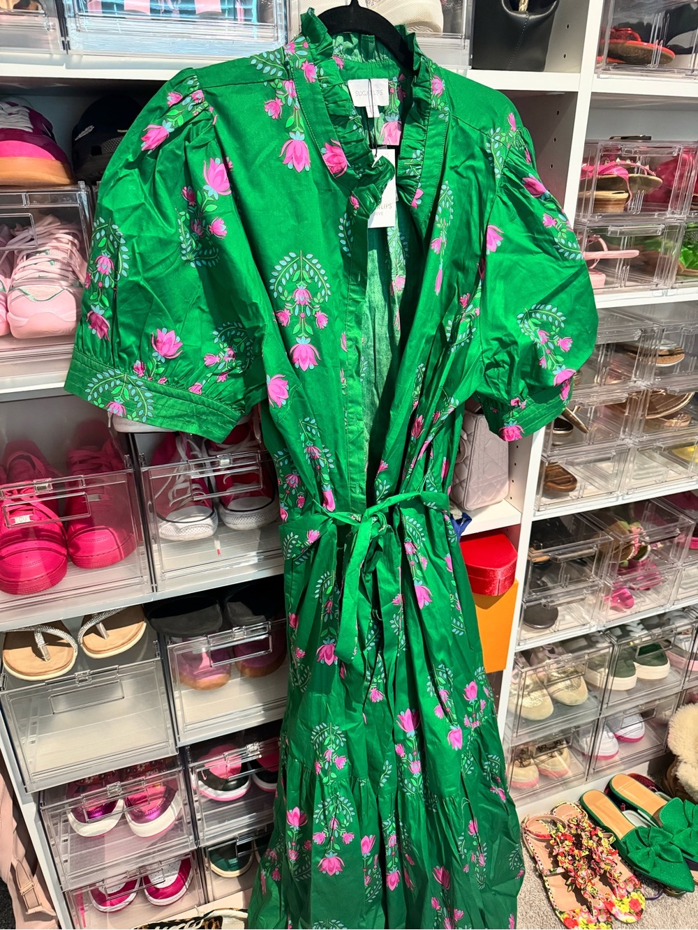 NWT Sugarlips Green Midi Dress with Pink Floral Print and Tie Belt